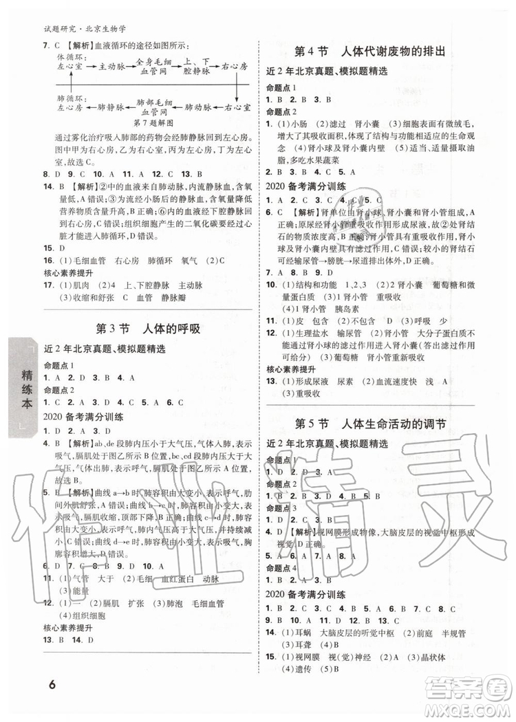 2020版萬唯中考試題研究生物學(xué)九年級全一冊北京專版參考答案