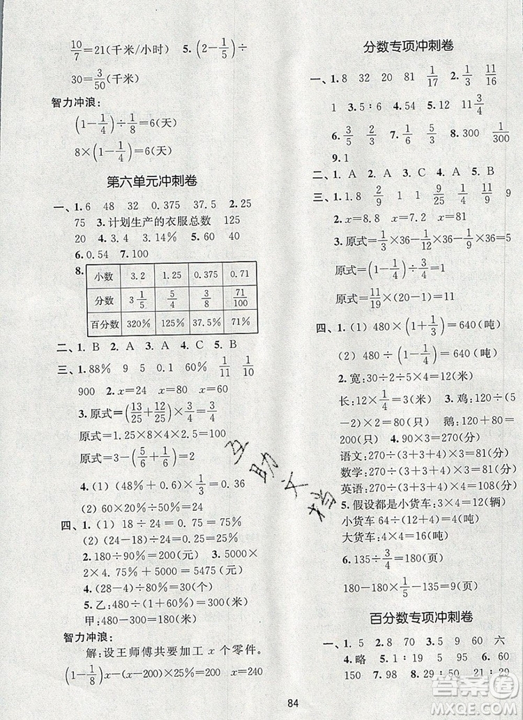 2019年名師點撥期末沖刺滿分卷六年級數(shù)學上冊參考答案