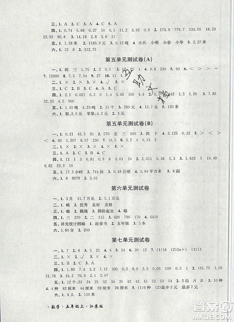 2019年名師點撥培優(yōu)密卷五年級數(shù)學上冊江蘇版參考答案