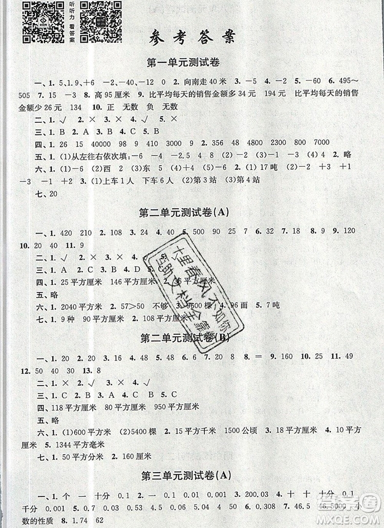 2019年名師點撥培優(yōu)密卷五年級數(shù)學上冊江蘇版參考答案