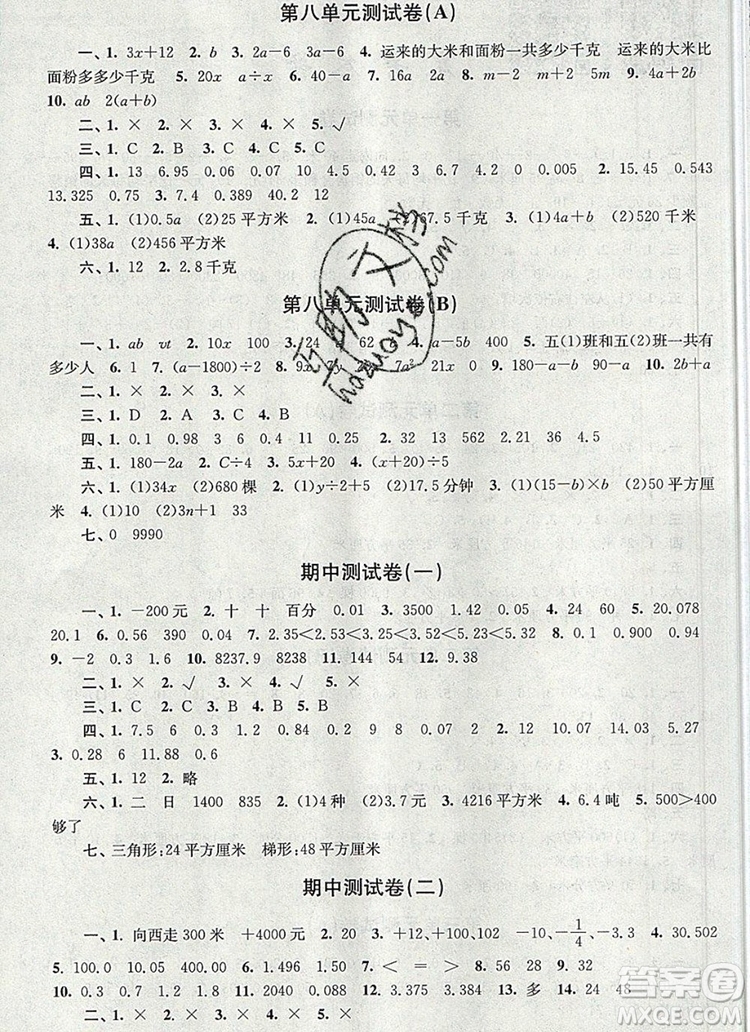 2019年名師點撥培優(yōu)密卷五年級數(shù)學上冊江蘇版參考答案