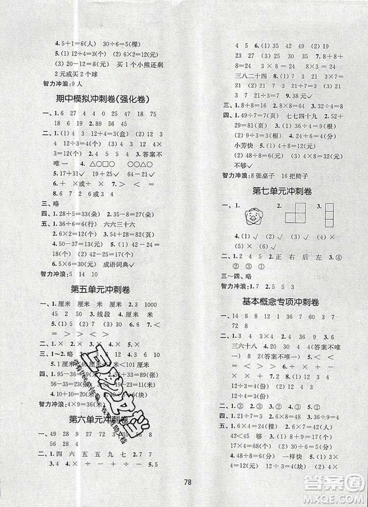 2019年名師點(diǎn)撥期末沖刺滿分卷二年級(jí)數(shù)學(xué)上冊(cè)參考答案