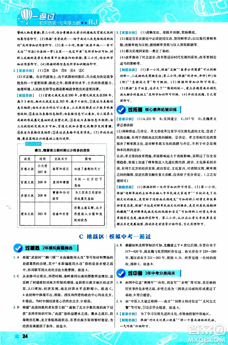 2020版一遍過(guò)初中歷史七年級(jí)上冊(cè)RJ人教版參考答案