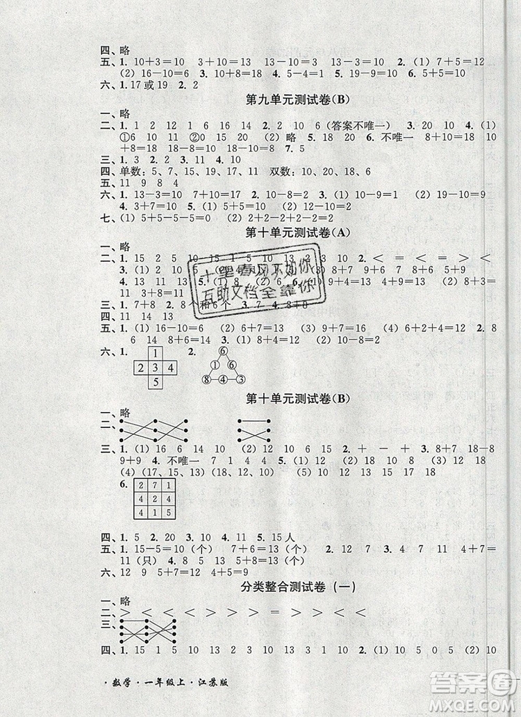 2019年名師點撥培優(yōu)密卷一年級數(shù)學(xué)上冊江蘇版參考答案