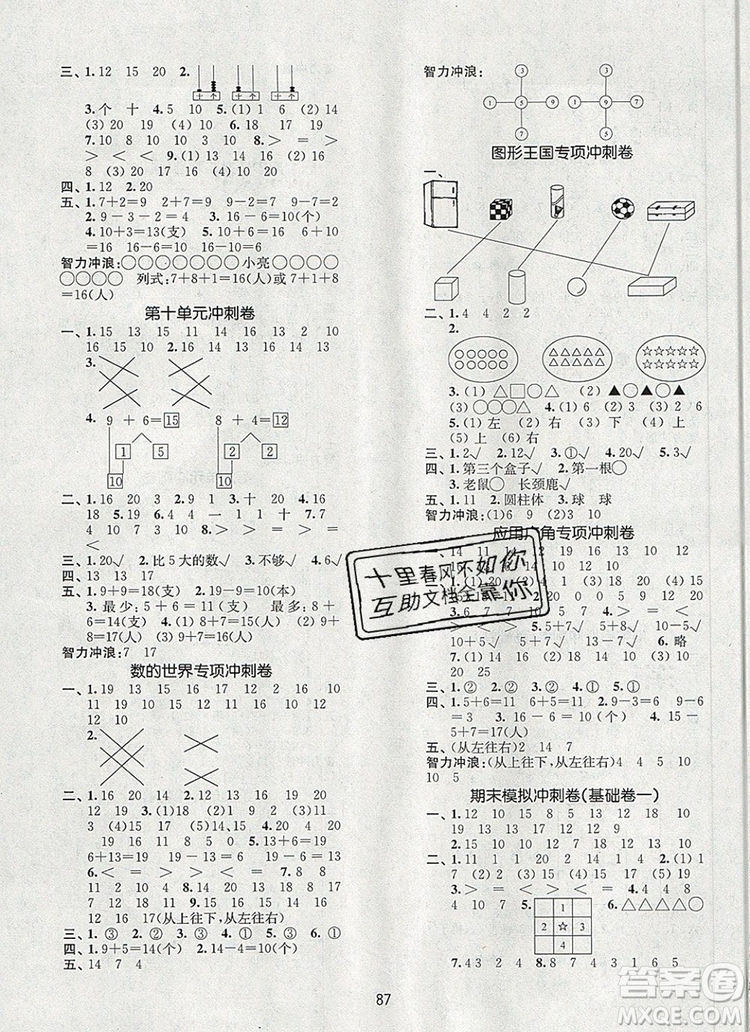 2019年名師點撥期末沖刺滿分卷一年級數(shù)學(xué)上冊參考答案