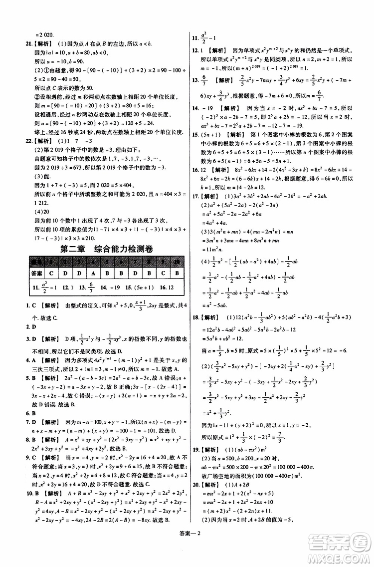 2020版一遍過單元綜合能力檢測(cè)卷初中數(shù)學(xué)七年級(jí)上冊(cè)RJ人教版參考答案