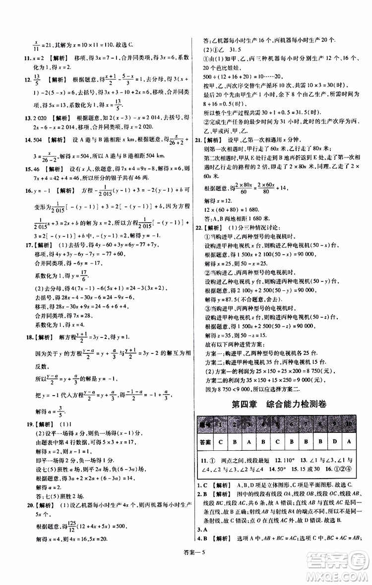 2020版一遍過單元綜合能力檢測(cè)卷初中數(shù)學(xué)七年級(jí)上冊(cè)RJ人教版參考答案