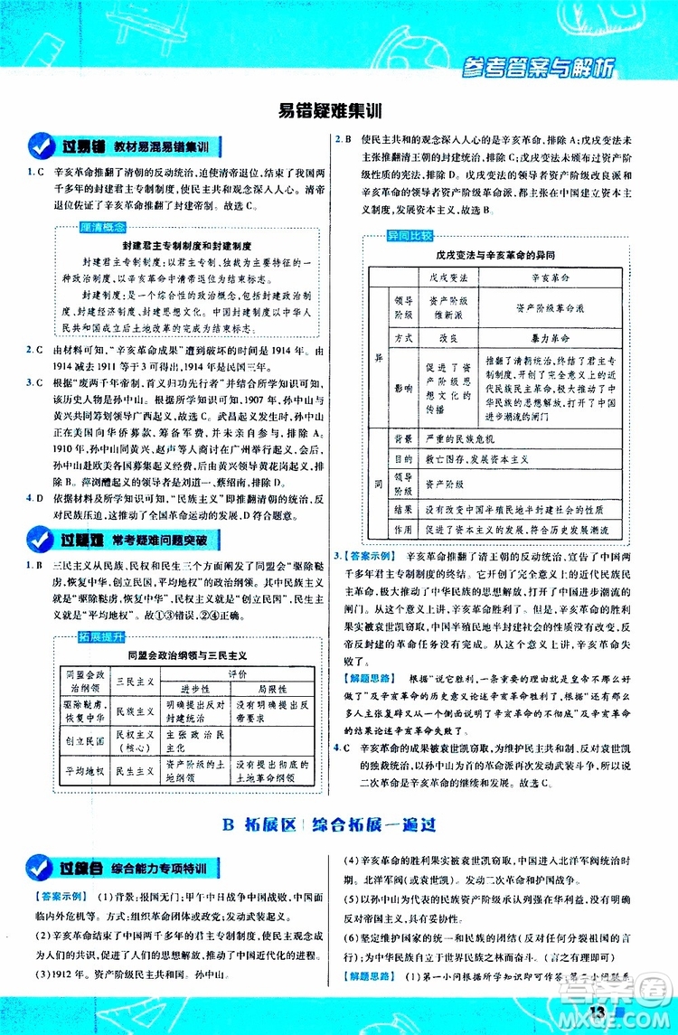 2020版一遍過(guò)初中歷史八年級(jí)上冊(cè)RJ人教版參考答案