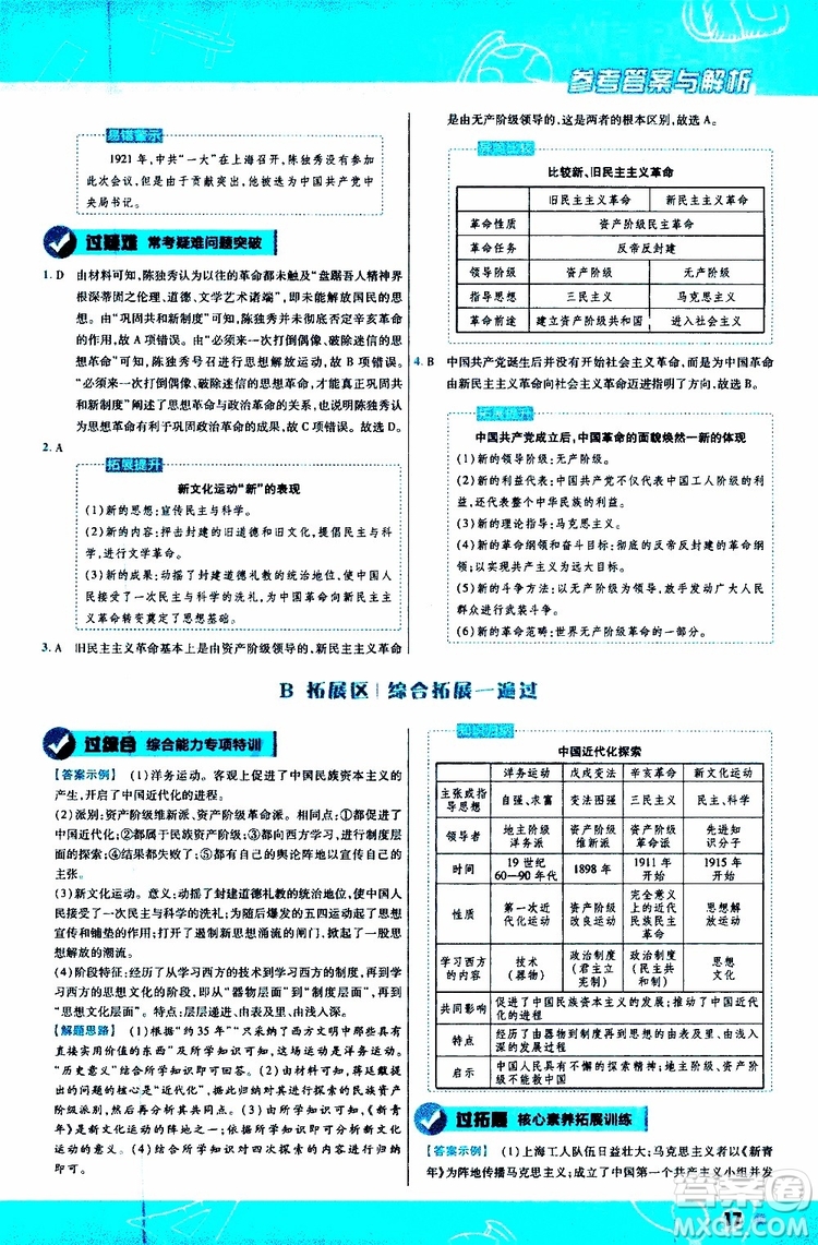 2020版一遍過(guò)初中歷史八年級(jí)上冊(cè)RJ人教版參考答案