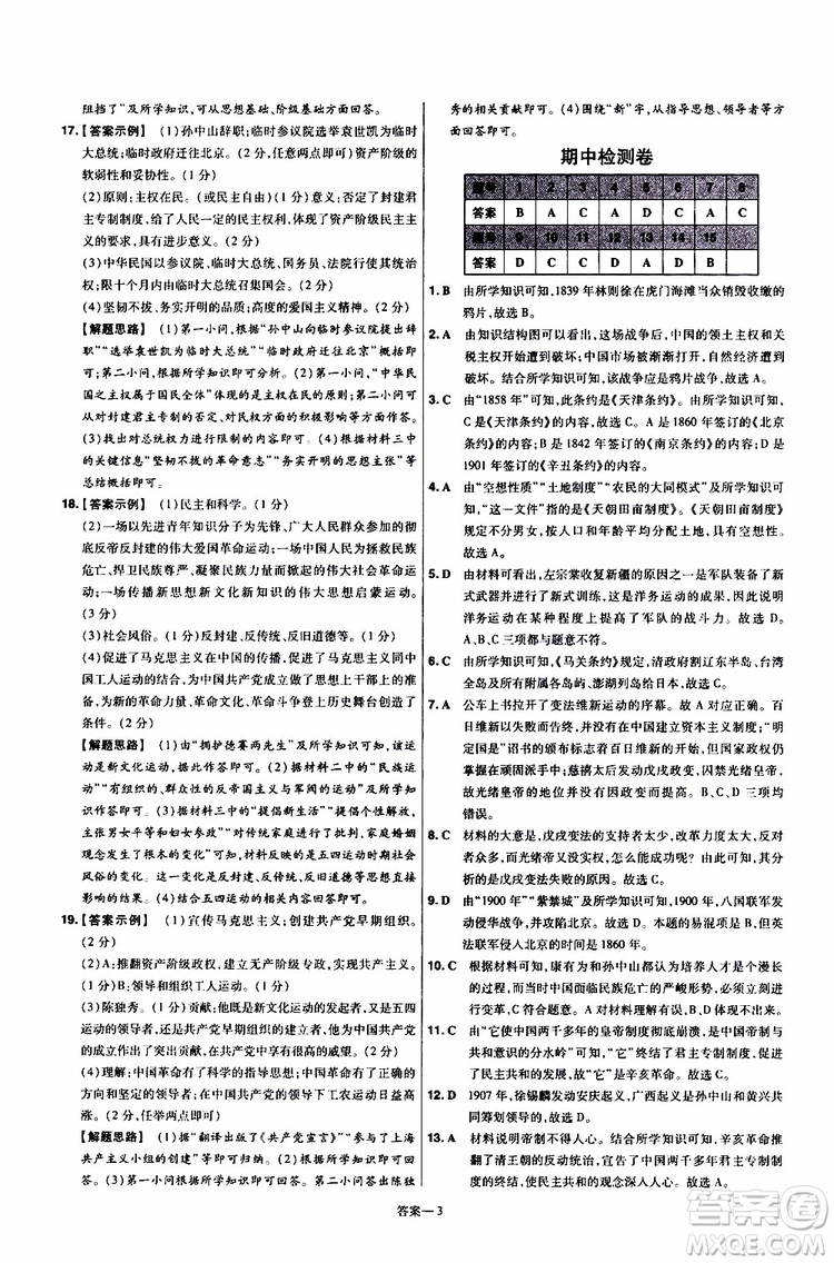 2020版一遍過(guò)單元綜合能力檢測(cè)卷初中歷史八年級(jí)上冊(cè)RJ人教版參考答案