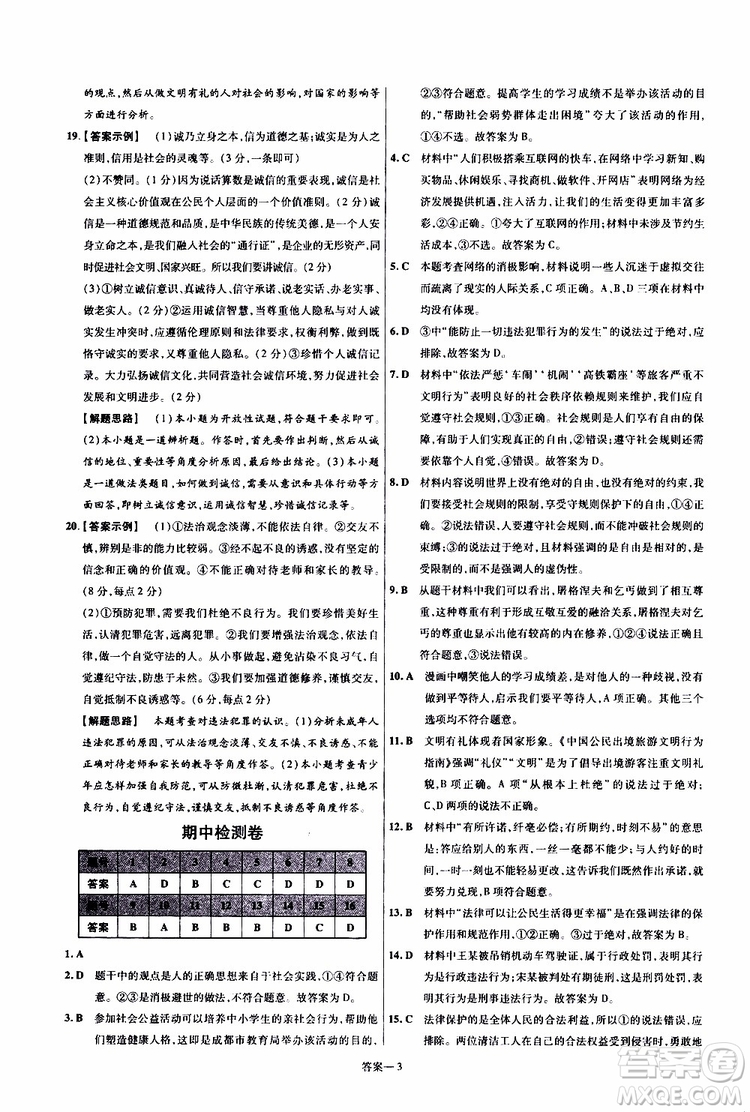 2020版天星教育一遍過(guò)單元綜合能力檢測(cè)卷初中道德與法治八年級(jí)上冊(cè)RJ人教版參考答案