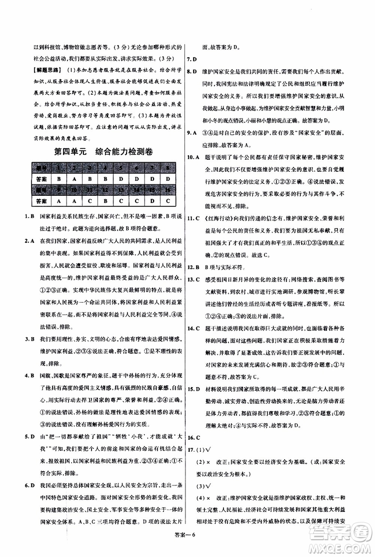 2020版天星教育一遍過(guò)單元綜合能力檢測(cè)卷初中道德與法治八年級(jí)上冊(cè)RJ人教版參考答案