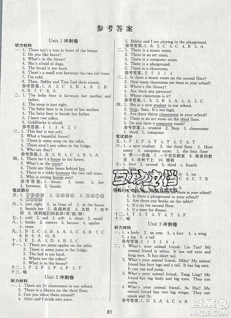 2019年名師點撥期末沖刺滿分卷五年級英語上冊參考答案