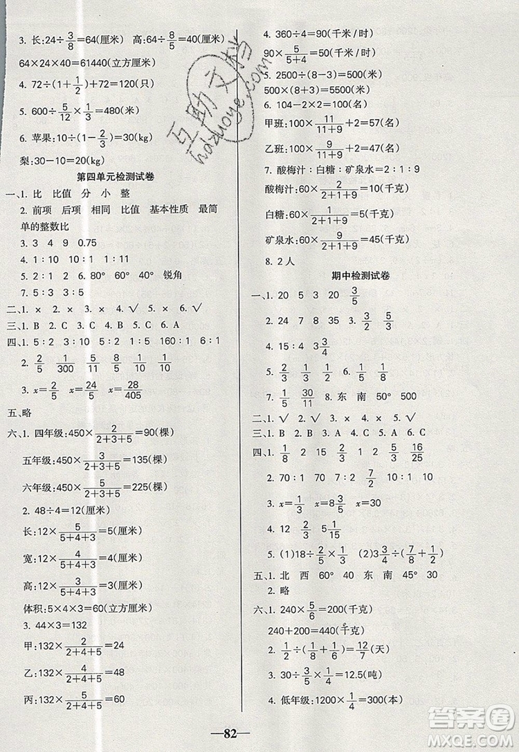2019年名師點(diǎn)睛滿分卷六年級(jí)數(shù)學(xué)上冊(cè)人教版參考答案