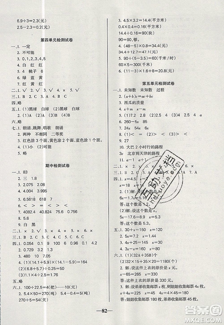 2019年名師點睛滿分卷五年級數(shù)學(xué)上冊人教版參考答案