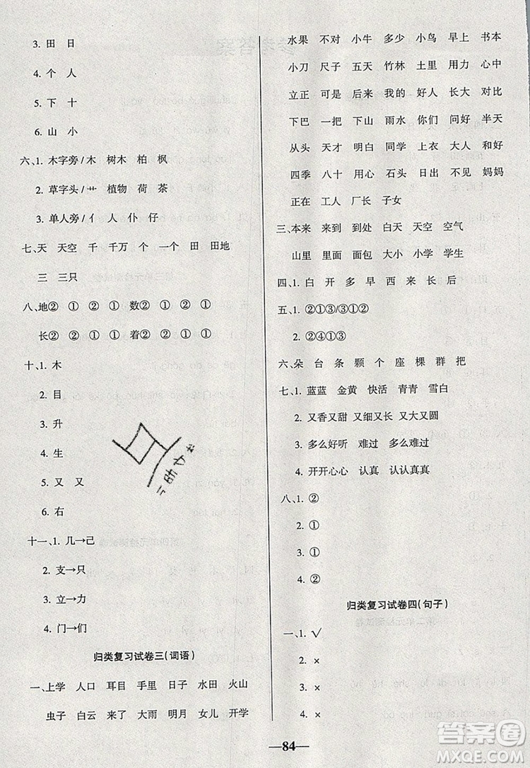 2019年名師點(diǎn)睛滿分卷一年級(jí)語(yǔ)文上冊(cè)人教版參考答案