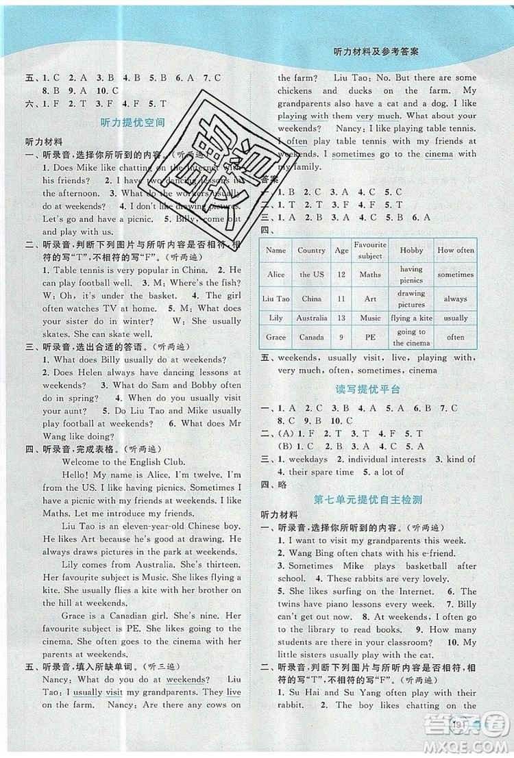2019年亮點(diǎn)給力提優(yōu)班多維互動(dòng)空間五年級(jí)英語(yǔ)上冊(cè)參考答案