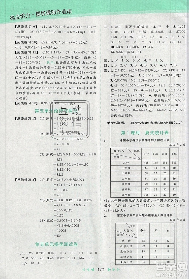 2019年亮點(diǎn)給力提優(yōu)課時(shí)作業(yè)本五年級(jí)數(shù)學(xué)上冊(cè)參考答案
