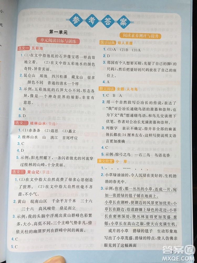 2019年陽光同學同步閱讀素養(yǎng)測試小學語文四年級上冊參考答案