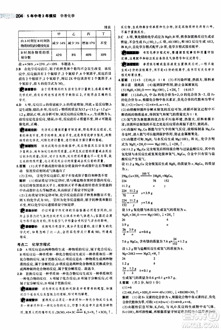 曲一線2020版5年中考3年模擬中考化學(xué)江蘇專用參考答案