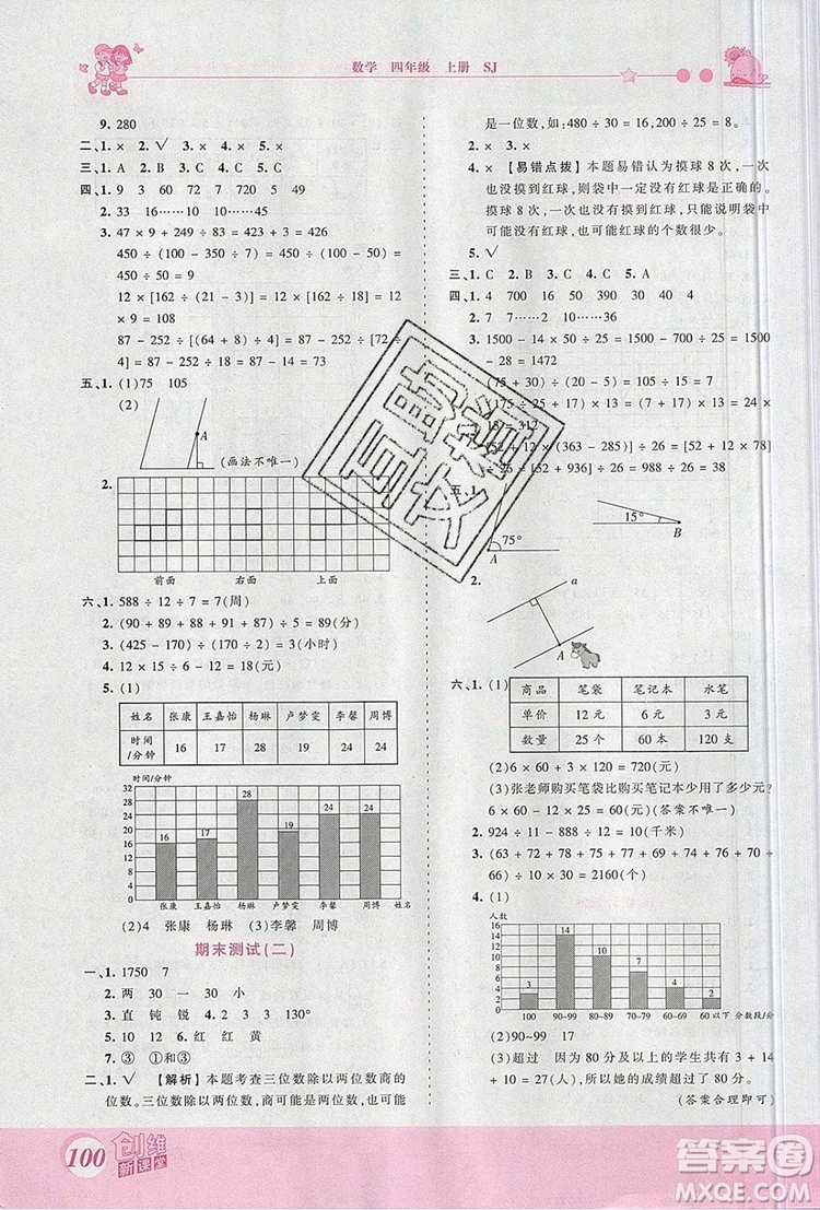 2019年王朝霞創(chuàng)維新課堂四年級(jí)數(shù)學(xué)上冊(cè)蘇教版參考答案