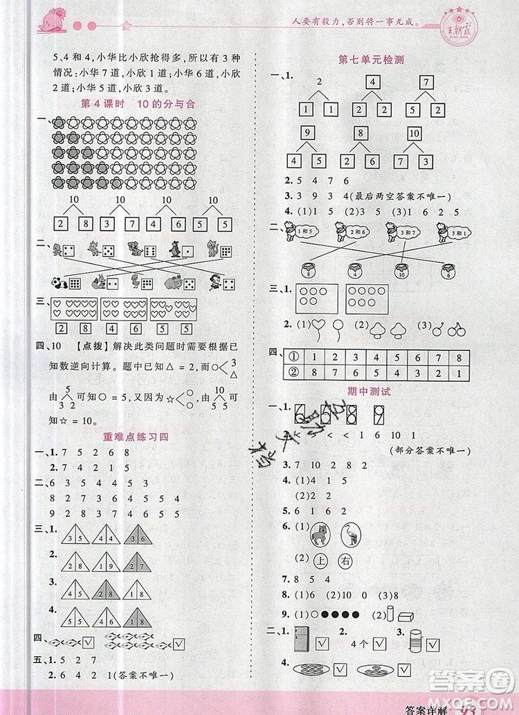 2019年王朝霞創(chuàng)維新課堂一年級數(shù)學(xué)上冊蘇教版參考答案
