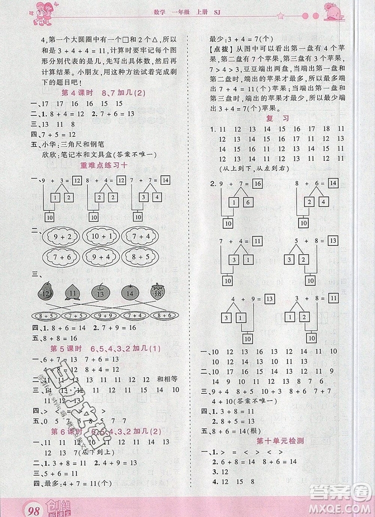 2019年王朝霞創(chuàng)維新課堂一年級數(shù)學(xué)上冊蘇教版參考答案