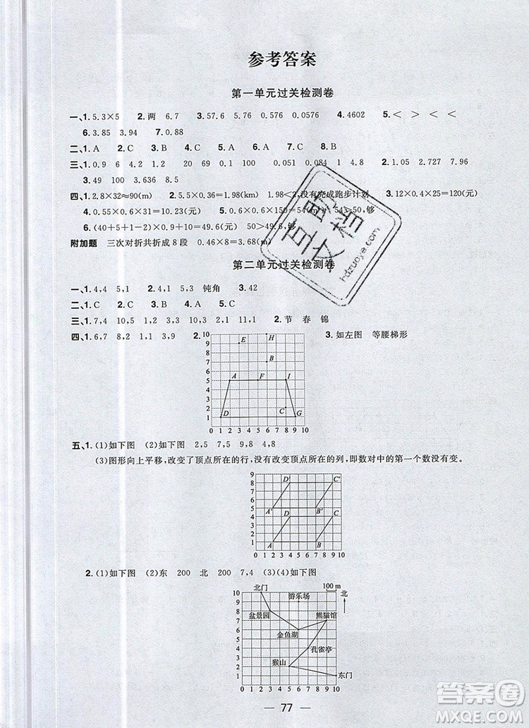 2019年陽光同學(xué)一線名師全優(yōu)好卷五年級數(shù)學(xué)上冊人教版參考答案