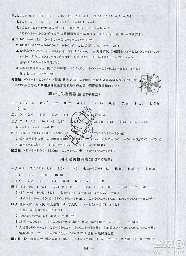 2019年陽光同學(xué)一線名師全優(yōu)好卷五年級數(shù)學(xué)上冊人教版參考答案
