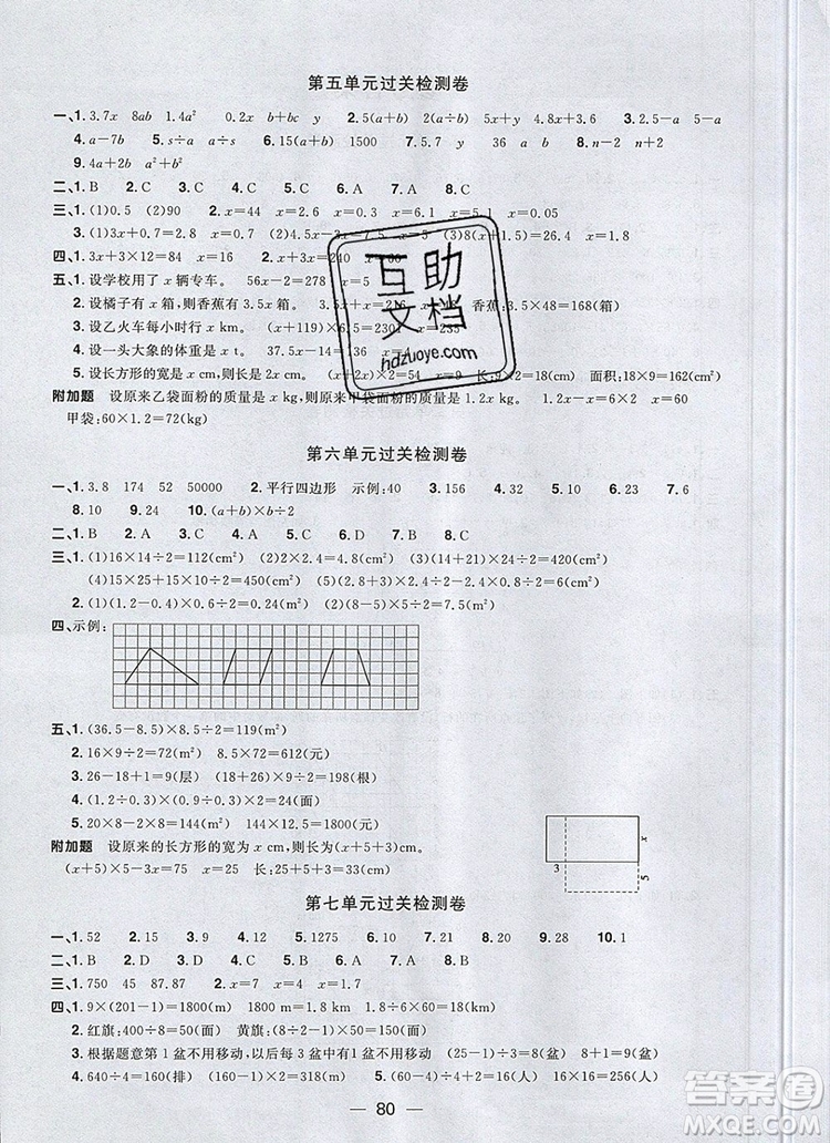 2019年陽光同學(xué)一線名師全優(yōu)好卷五年級數(shù)學(xué)上冊人教版參考答案