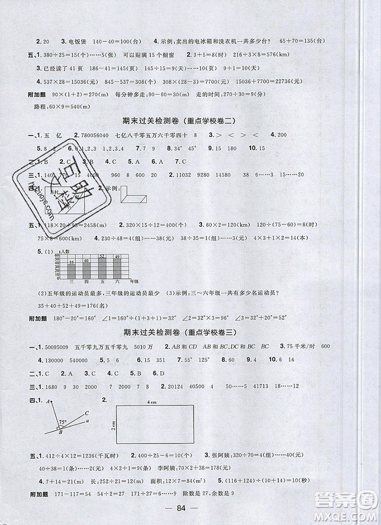 2019年陽光同學(xué)一線名師全優(yōu)好卷四年級(jí)數(shù)學(xué)上冊(cè)人教版參考答案