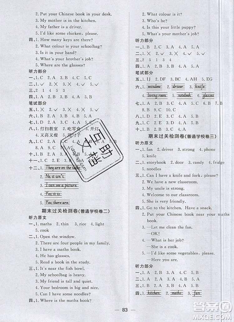 2019年陽光同學(xué)一線名師全優(yōu)好卷四年級(jí)英語上冊人教PEP版參考答案