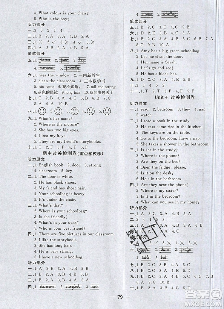 2019年陽光同學(xué)一線名師全優(yōu)好卷四年級(jí)英語上冊人教PEP版參考答案