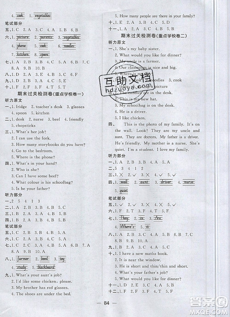 2019年陽光同學(xué)一線名師全優(yōu)好卷四年級(jí)英語上冊人教PEP版參考答案