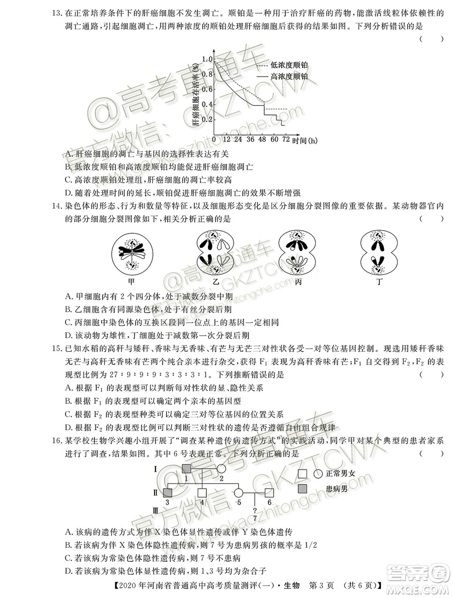 2020屆河南大象聯(lián)考測(cè)評(píng)一生物試題及參考答案
