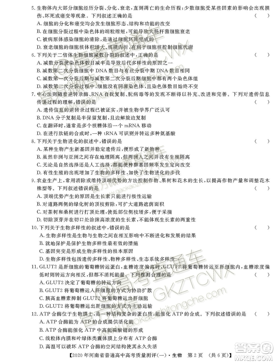 2020屆河南大象聯(lián)考測(cè)評(píng)一生物試題及參考答案