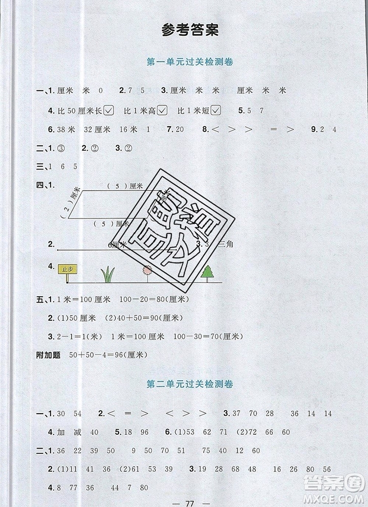 2019年陽光同學(xué)一線名師全優(yōu)好卷二年級(jí)數(shù)學(xué)上冊(cè)人教版參考答案