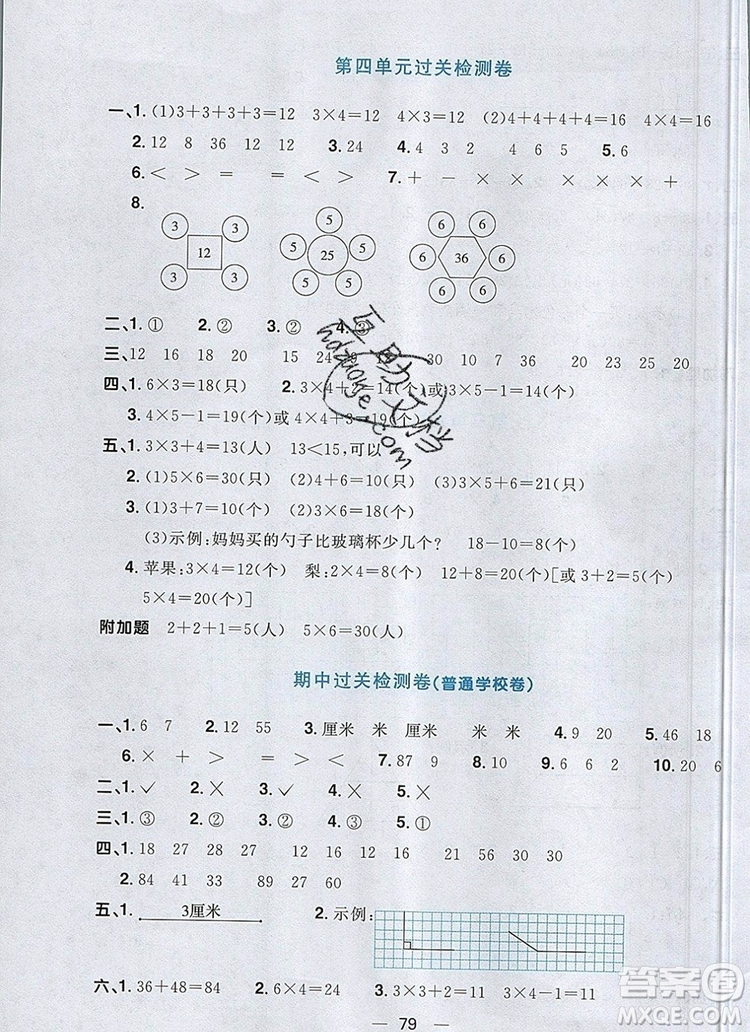 2019年陽光同學(xué)一線名師全優(yōu)好卷二年級(jí)數(shù)學(xué)上冊(cè)人教版參考答案