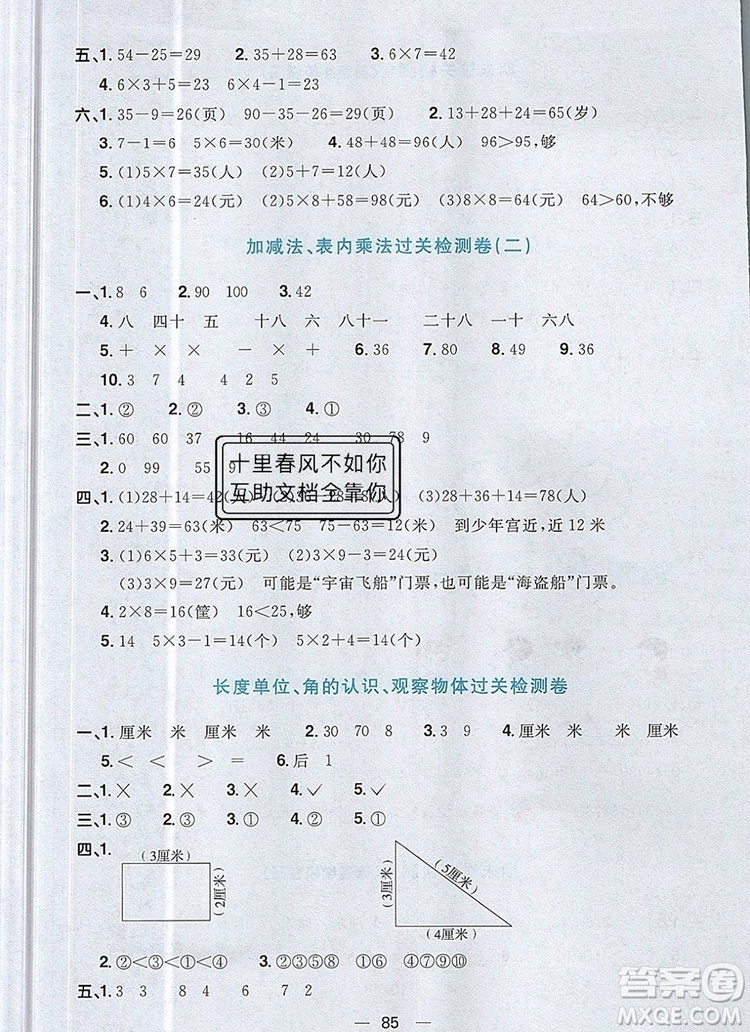 2019年陽光同學(xué)一線名師全優(yōu)好卷二年級(jí)數(shù)學(xué)上冊(cè)人教版參考答案