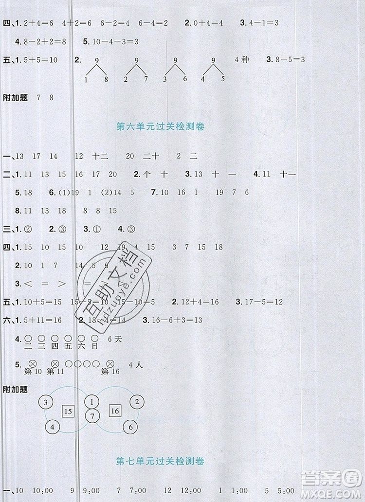 2019年陽光同學(xué)一線名師全優(yōu)好卷一年級(jí)數(shù)學(xué)上冊(cè)人教版參考答案