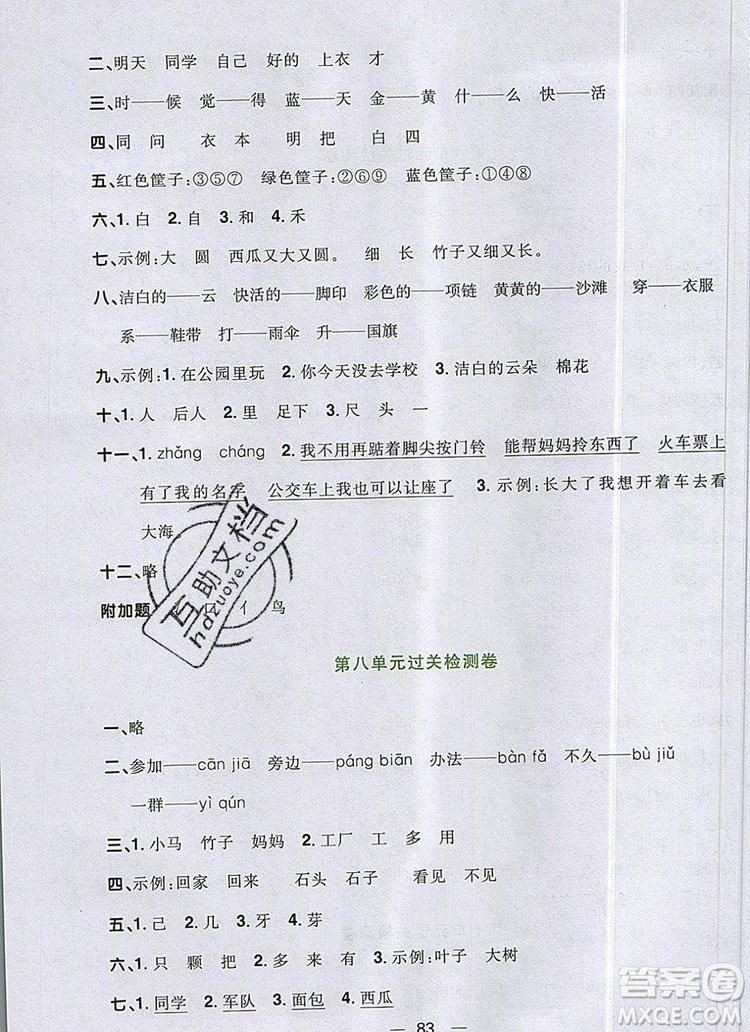 2019年陽光同學(xué)一線名師全優(yōu)好卷一年級(jí)語文上冊(cè)人教版參考答案