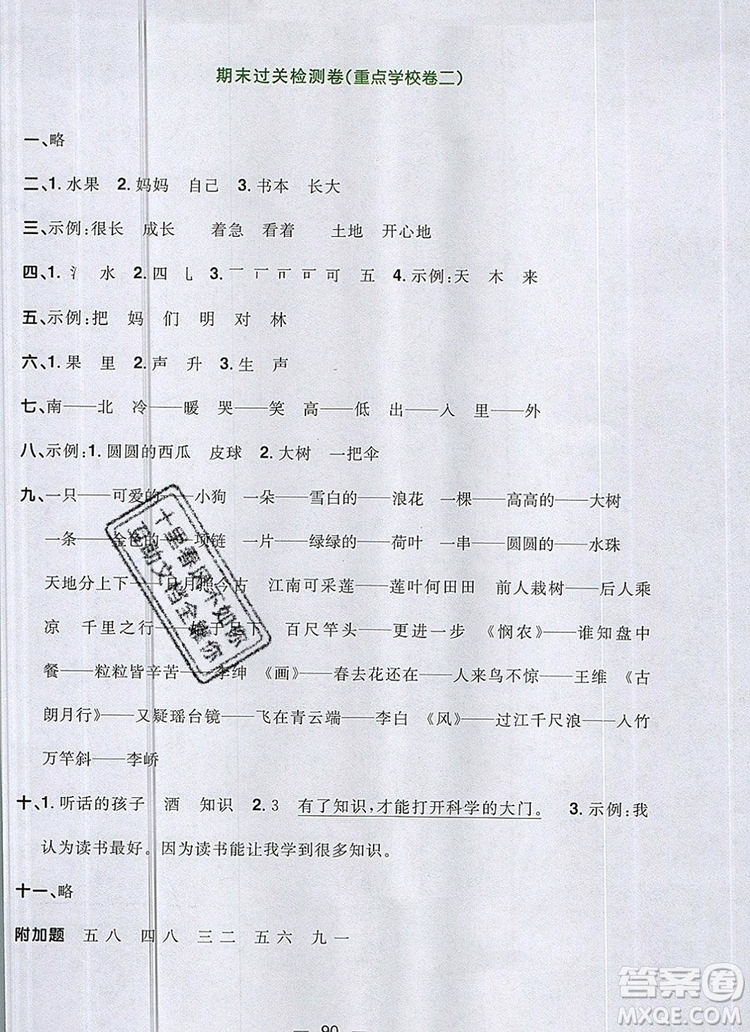 2019年陽光同學(xué)一線名師全優(yōu)好卷一年級(jí)語文上冊(cè)人教版參考答案