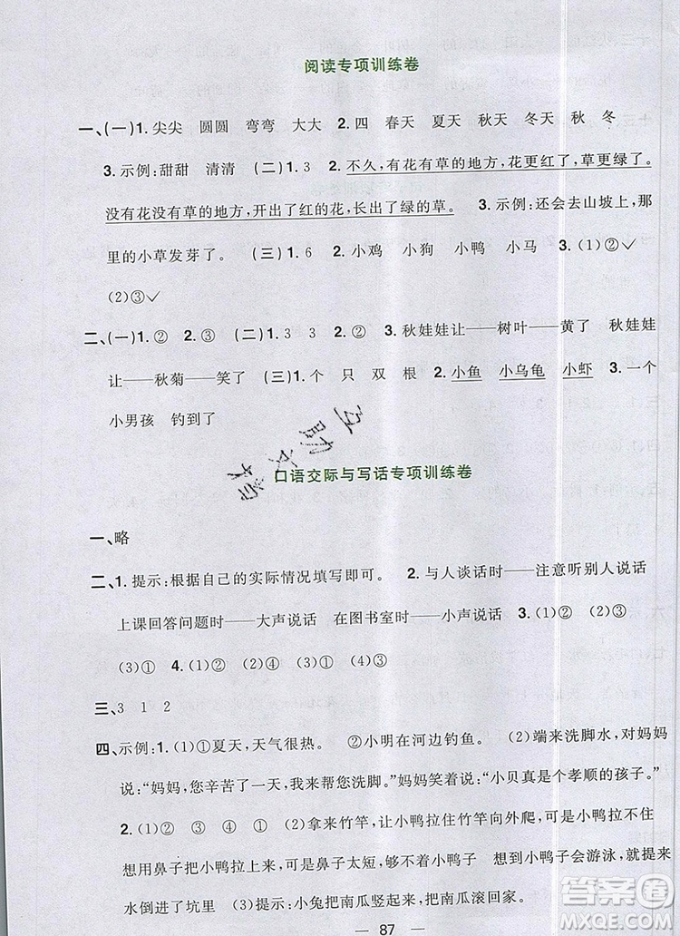 2019年陽光同學(xué)一線名師全優(yōu)好卷一年級(jí)語文上冊(cè)人教版參考答案