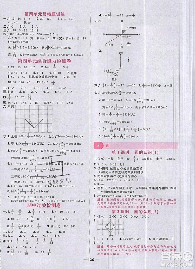 2019年陽(yáng)光同學(xué)課時(shí)優(yōu)化作業(yè)六年級(jí)數(shù)學(xué)上冊(cè)人教版參考答案