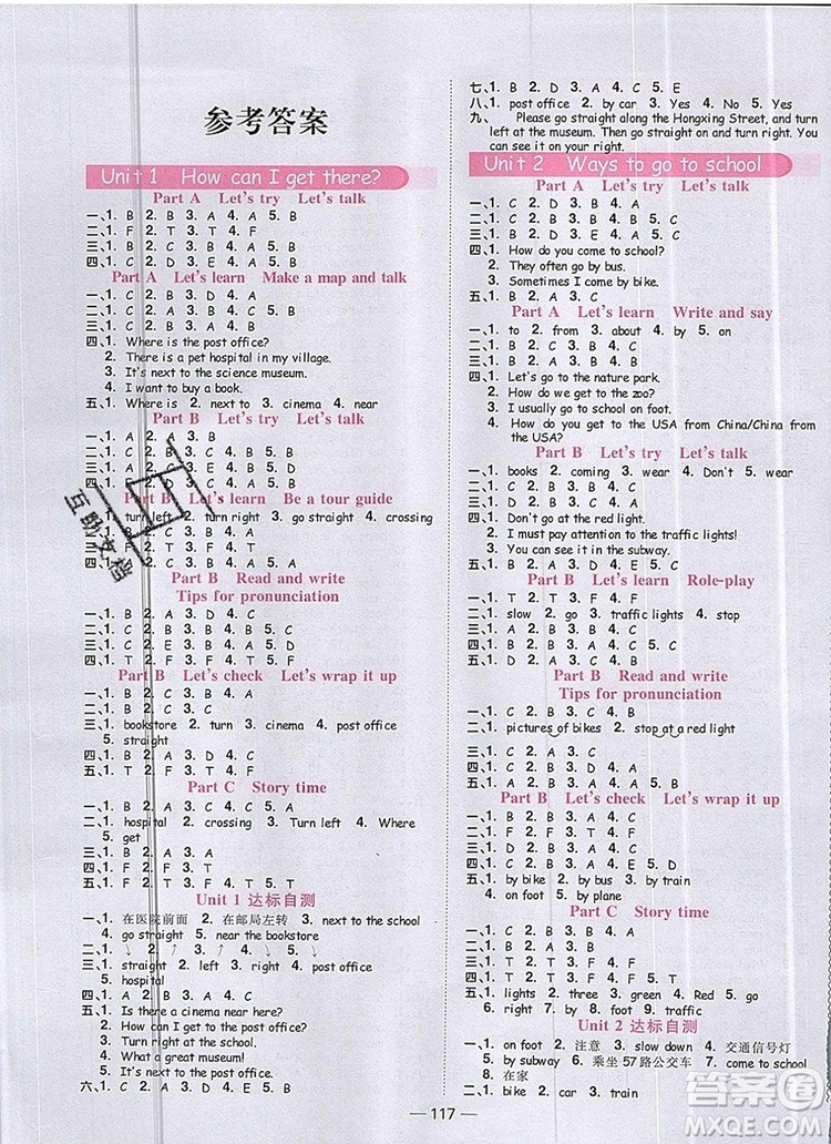 2019年陽光同學(xué)課時優(yōu)化作業(yè)六年級英語上冊人教版參考答案