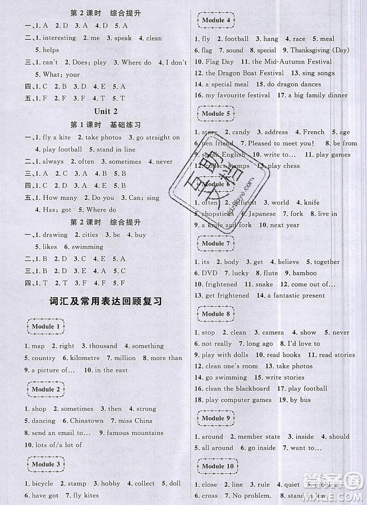 2019年陽光同學(xué)課時(shí)優(yōu)化作業(yè)六年級英語上冊外研版參考答案
