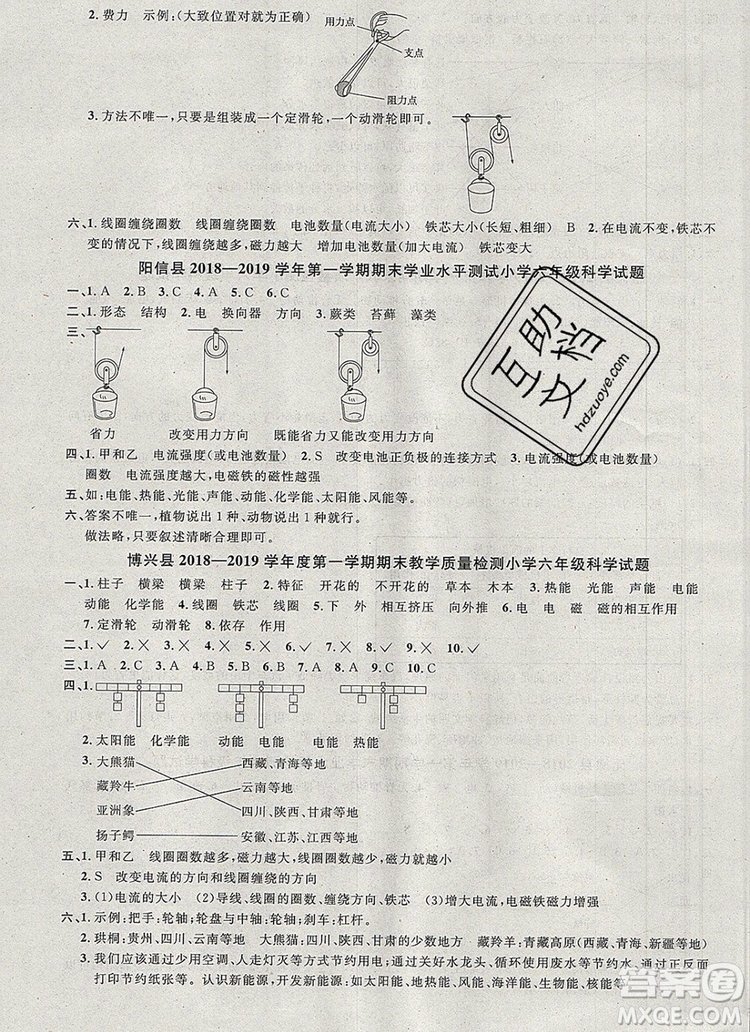 2019年陽光同學(xué)課時優(yōu)化作業(yè)六年級科學(xué)上冊教科版參考答案