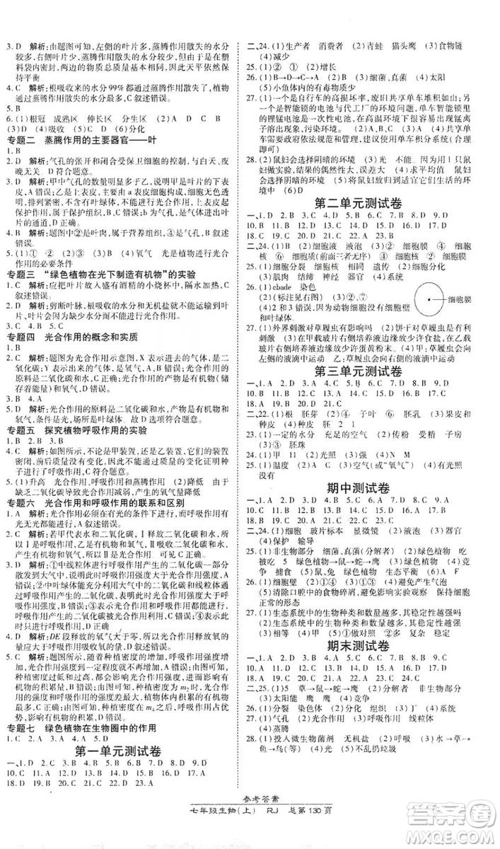 萬向思維2019高效課時(shí)通七年級(jí)生物上冊(cè)人教版答案