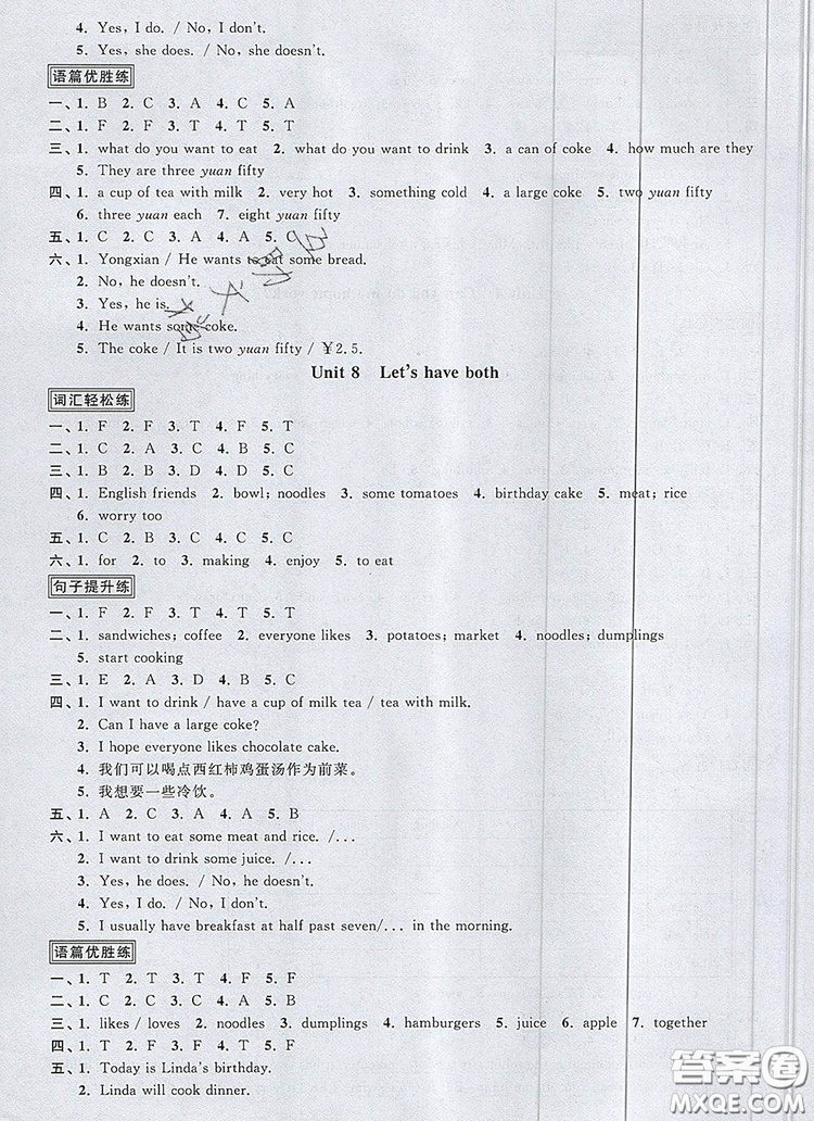 2019年陽光同學課時優(yōu)化作業(yè)五年級英語上冊教科版參考答案