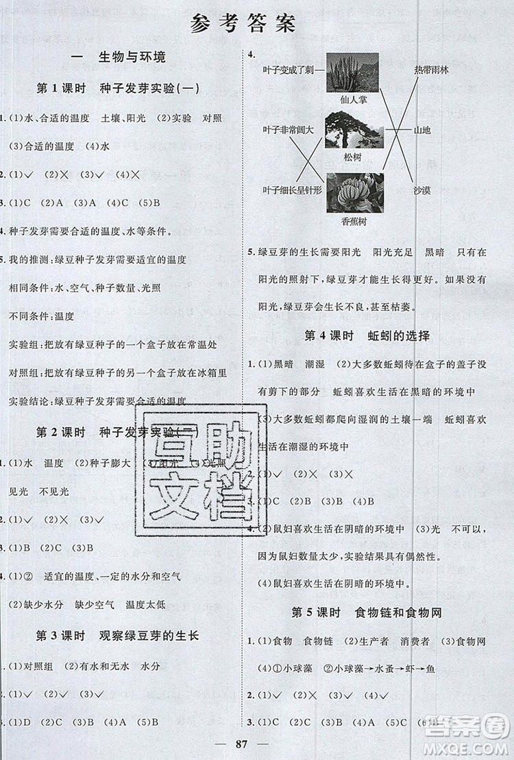2019年陽光同學(xué)課時優(yōu)化作業(yè)五年級科學(xué)上冊教科版參考答案